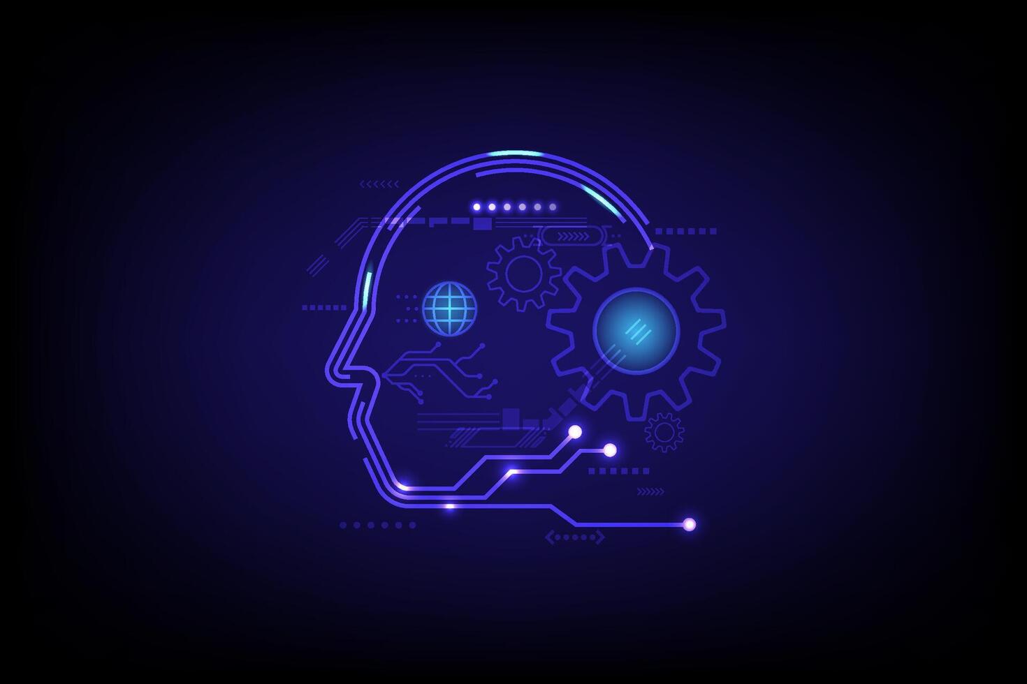 A glowing neon outline of a human head integrated with gears and circuit patterns, symbolizing artificial intelligence, digital transformation and technological innovation vector