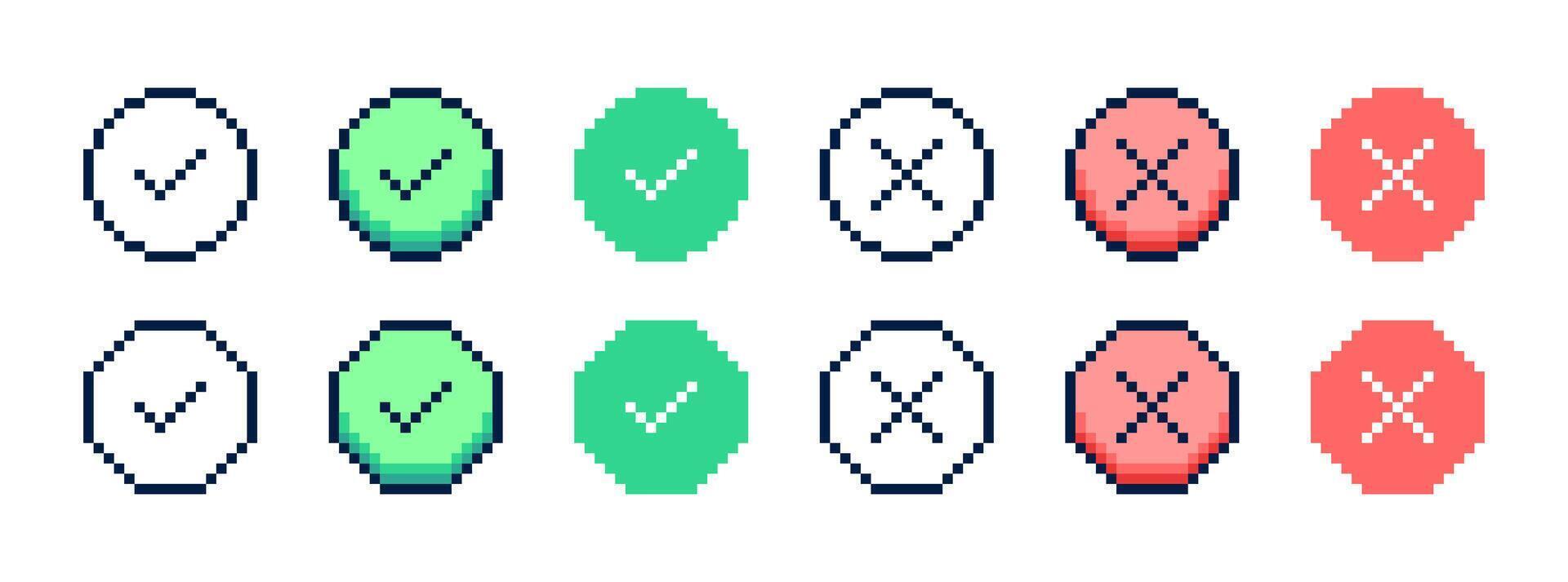 Pixelated checkmarks and crosses in round and octagon shapes. Pixel art icons in different style. illustration vector