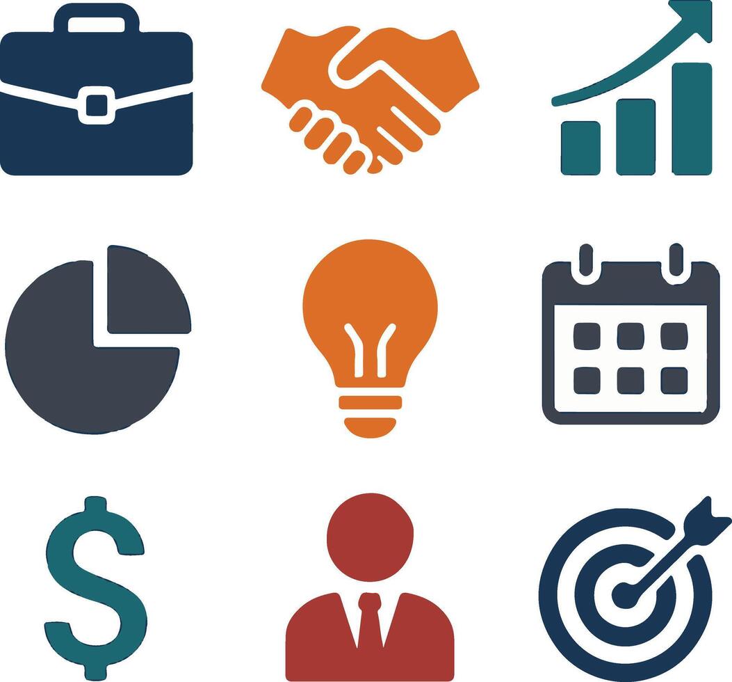 A clean set of business icons showcasing teamwork, leadership, money, goals, and data. Great for apps, slides, websites, and digital business development projects. vector