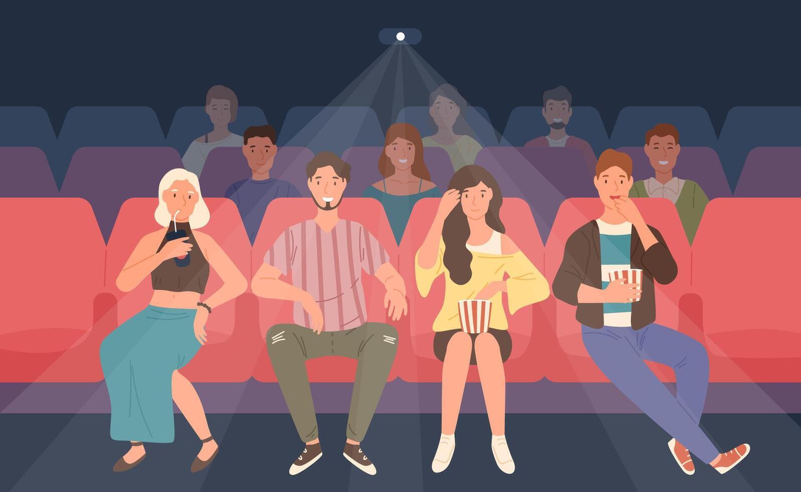 Young men and women sitting in chairs at movie theater or cinema auditorium. Friends or mates watching film or motion picture together. Front view. Colored illustration in flat cartoon style. vector