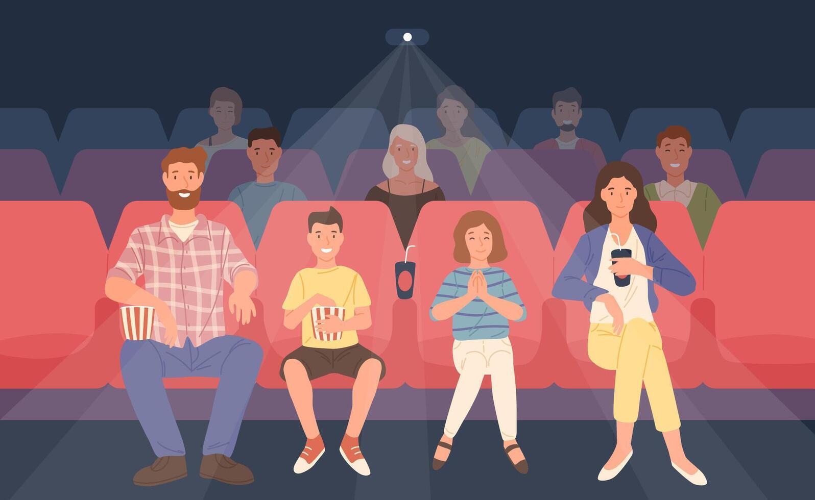 Happy family sitting in movie theater or cinema hall. Mother, father and their children watching film or motion picture together. Front view. Colored illustration in flat cartoon style. vector