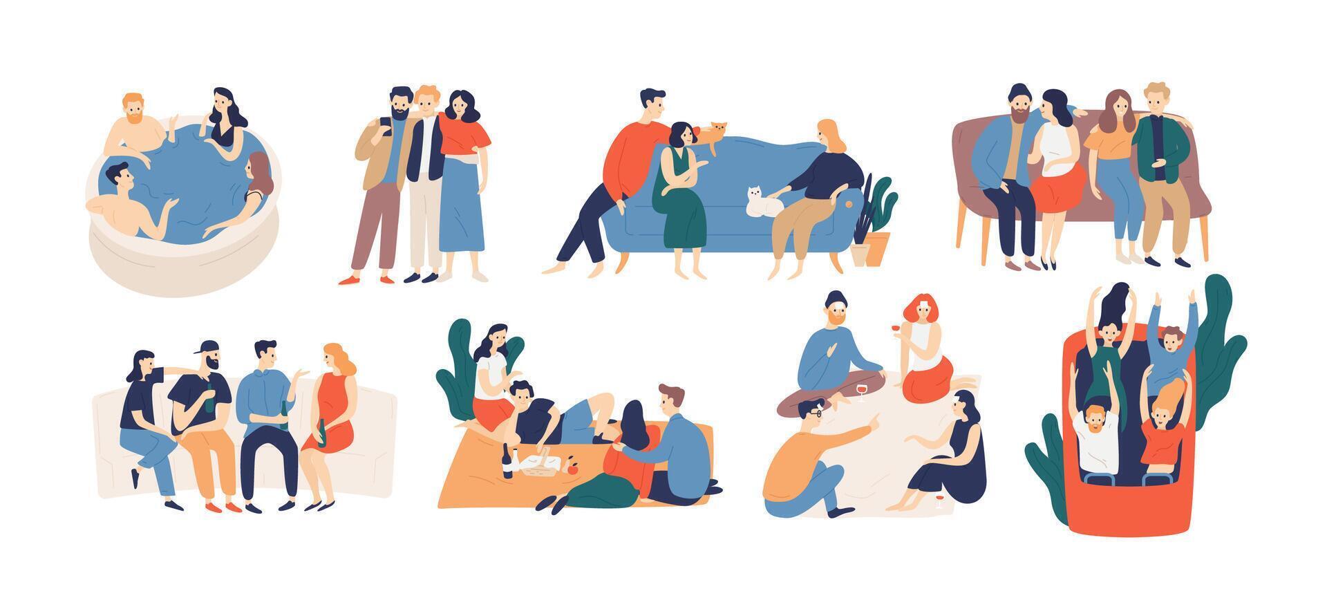 Collection of friends spending time together. Bundle of young men and women playing game, riding roller coaster, talking, having picnic lunch. Colorful illustration in flat cartoon style. vector