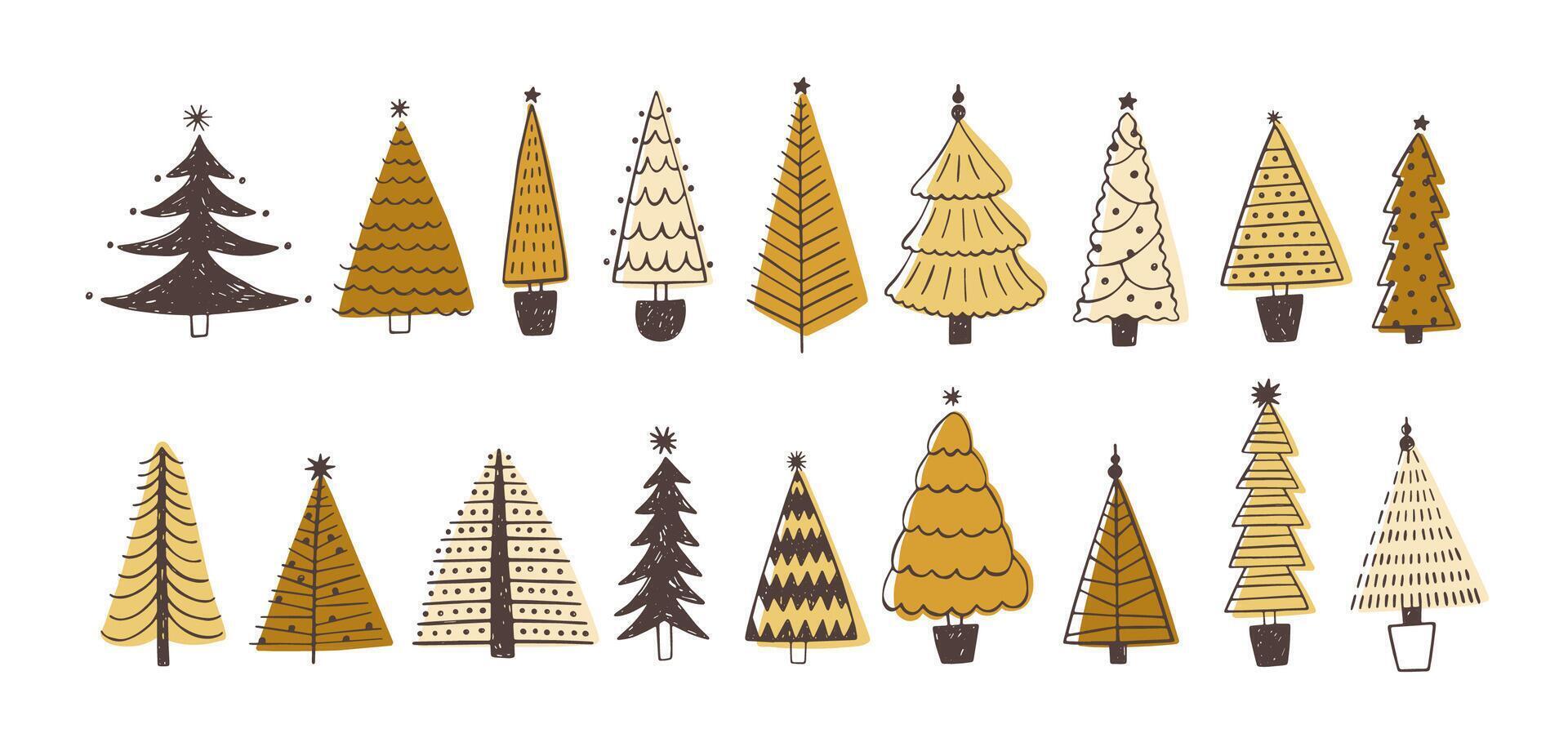 Set of various firs, pines or spruces decorated with baubles. Bundle of winter coniferous forest Christmas trees isolated on white background. Colored holiday illustration in doodle style. vector