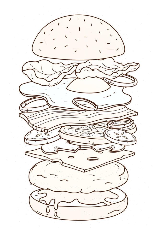 Delicious hamburger with layers or ingredients hand drawn with contour lines on white background. Drawing of burger, sandwich, fast food meal. Monochrome illustration in realistic style vector