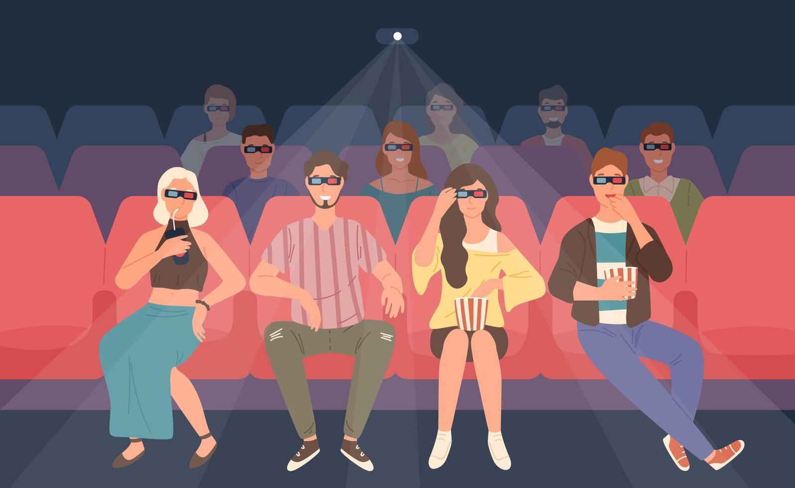 Happy men and women sitting in chairs at three-dimensional movie theater. Friends or mates in 3d glasses watching film or motion picture together. Colorful illustration in flat cartoon style. vector