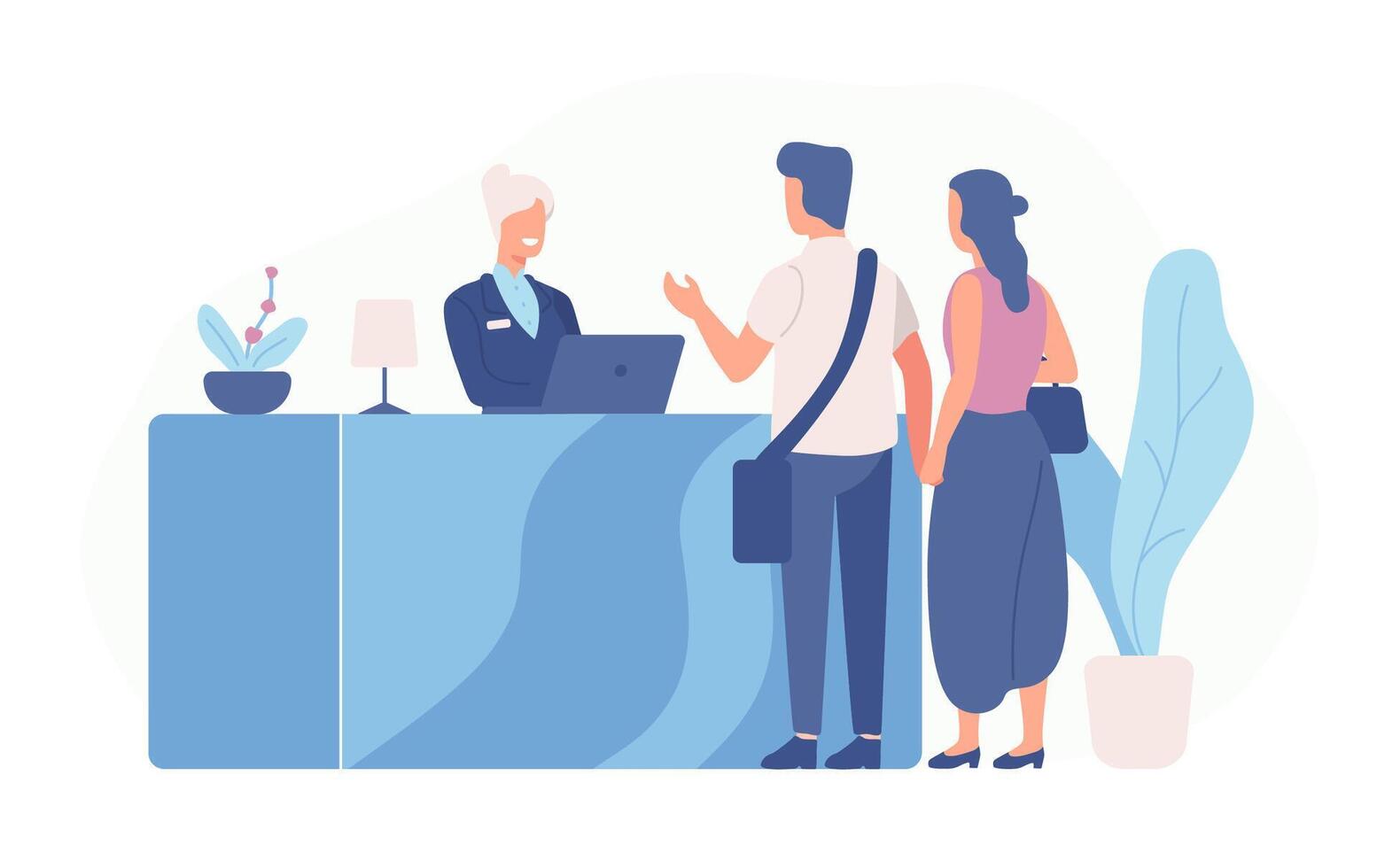 Pair of tourists or travellers standing at reception desk and talking to receptionist. Scene with guests at hotel lobby isolated on white background. Colored illustration in flat cartoon style. vector