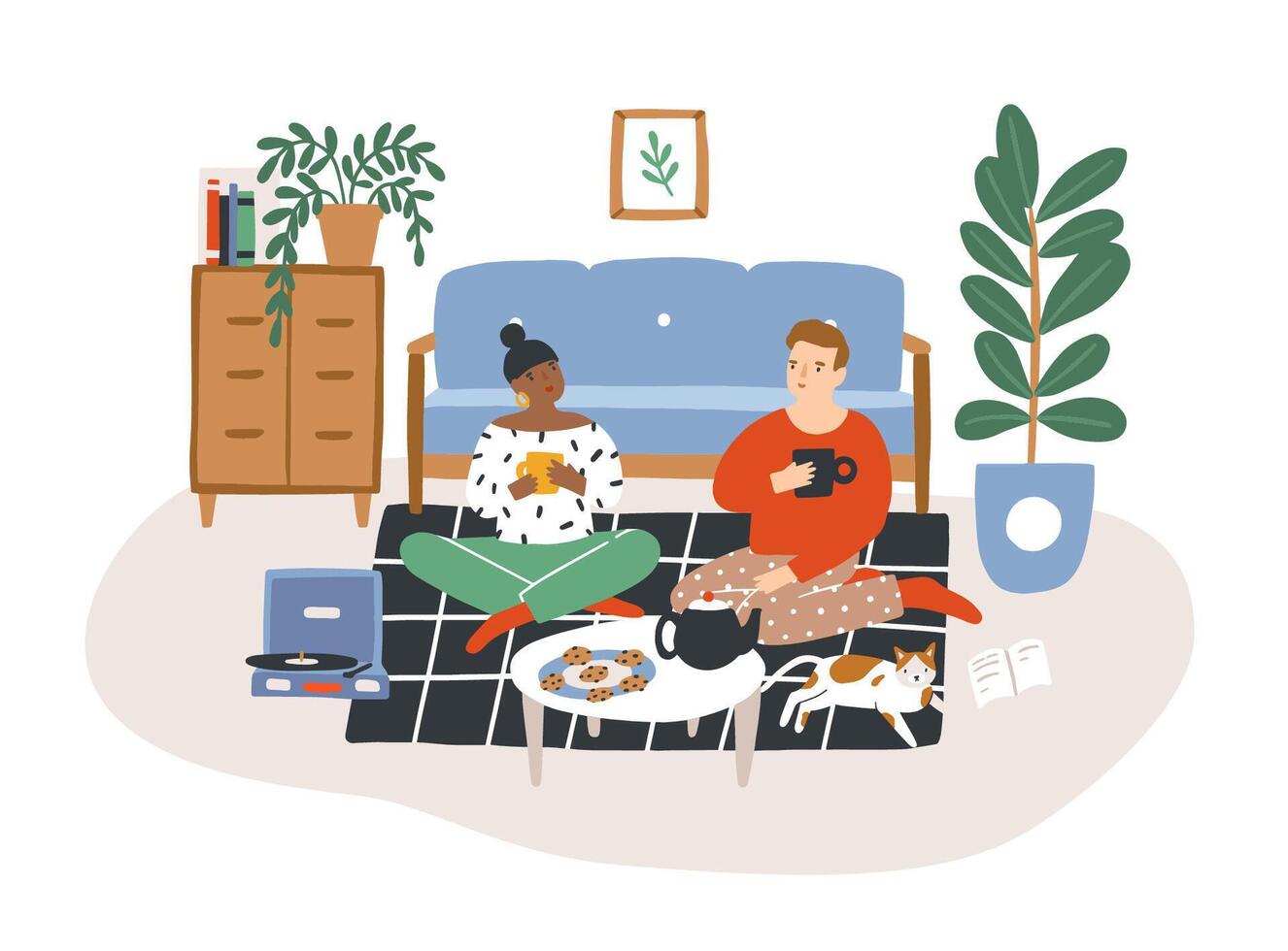 Young romantic couple sitting on floor, drinking tea and eating cookies in evening. Man and woman spending time together in their apartment. Colorful illustration in flat cartoon style. vector