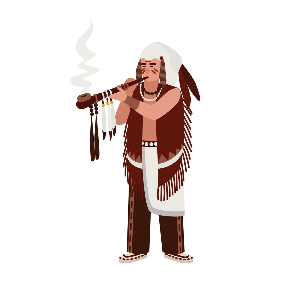 American Indian man wearing traditional clothes smoking ceremonial pipe decorated by feathers. Tribal or clan chief. Native peoples of America. Male cartoon character. Flat illustration. vector