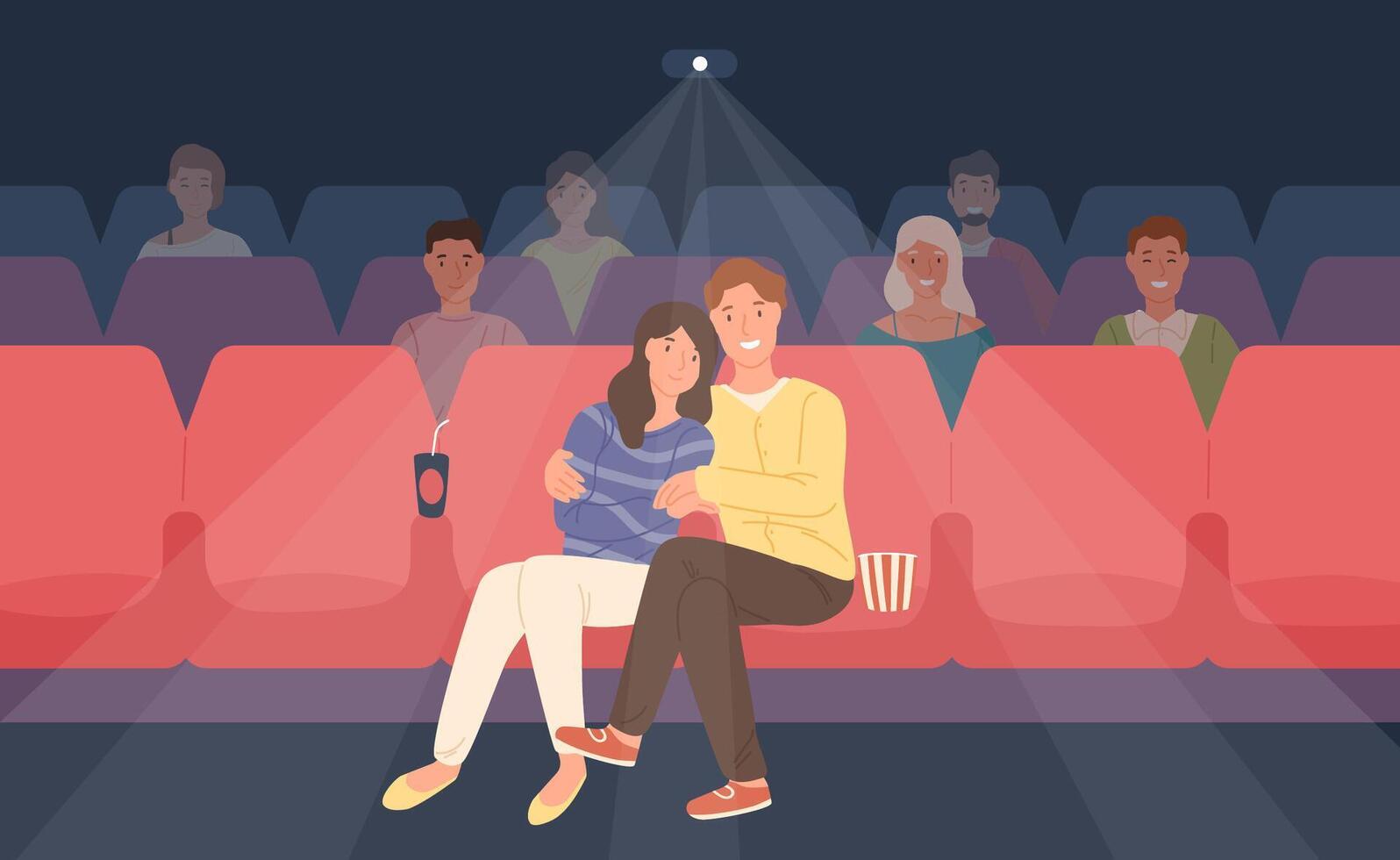Romantic couple sitting in movie theater or cinema hall and hugging. Young man and woman watching film or motion picture together. Front view. Colorful illustration in flat cartoon style. vector