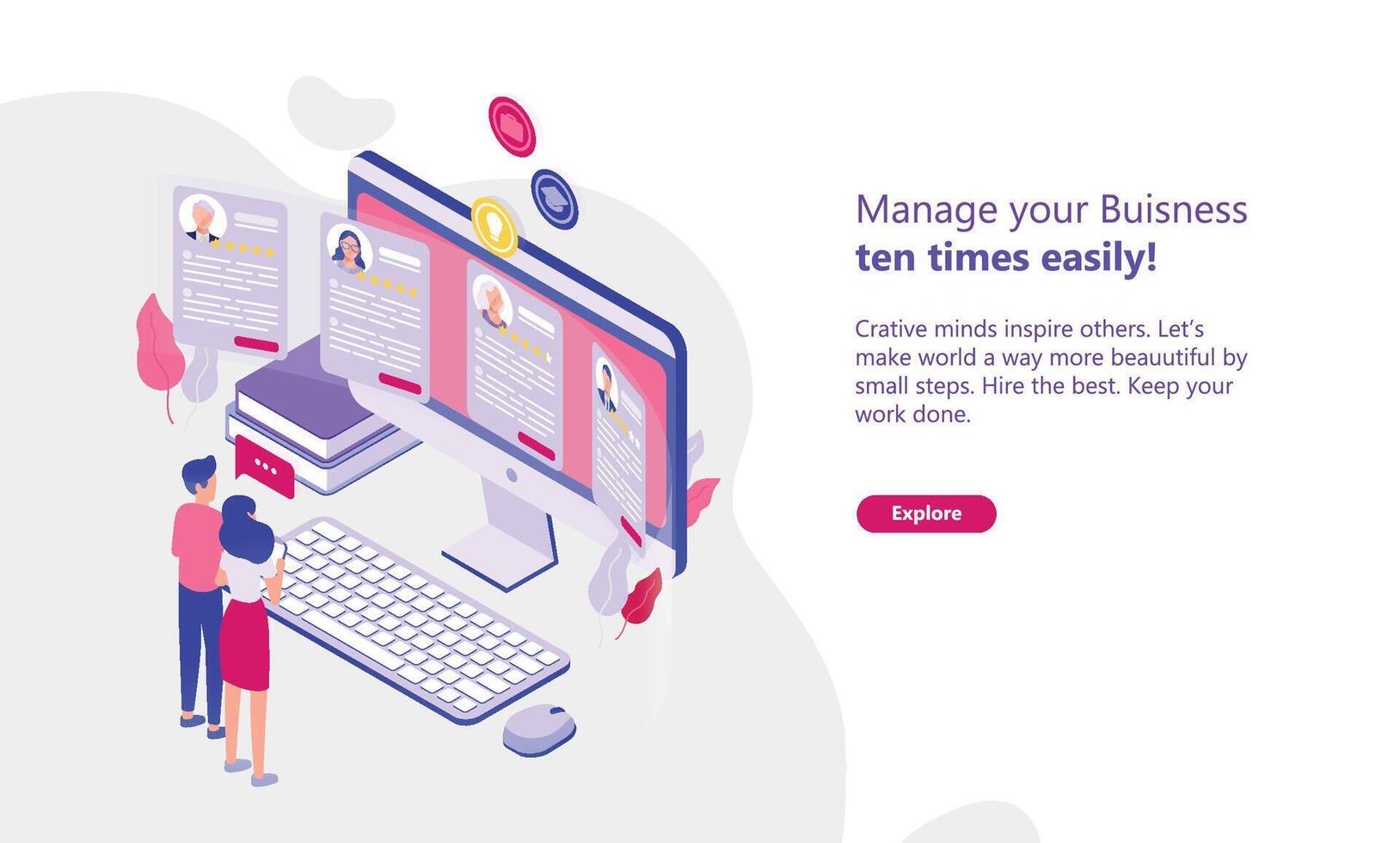 Web banner template with man and woman standing in front of computer display and looking through CVs of job candidates. Concept of HR, personnel hiring and recruitment. Isometric illustration. vector
