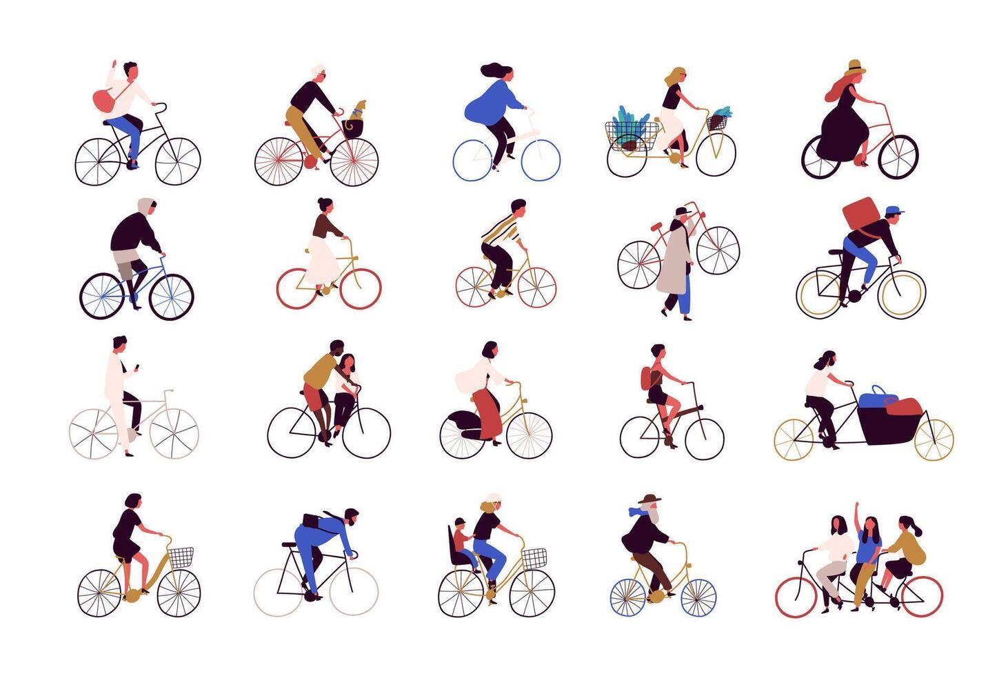 Group of tiny people riding bikes on city street during festival, race or parade. Collection of men and women on bicycles isolated on white background. Colored illustration in cartoon style. vector
