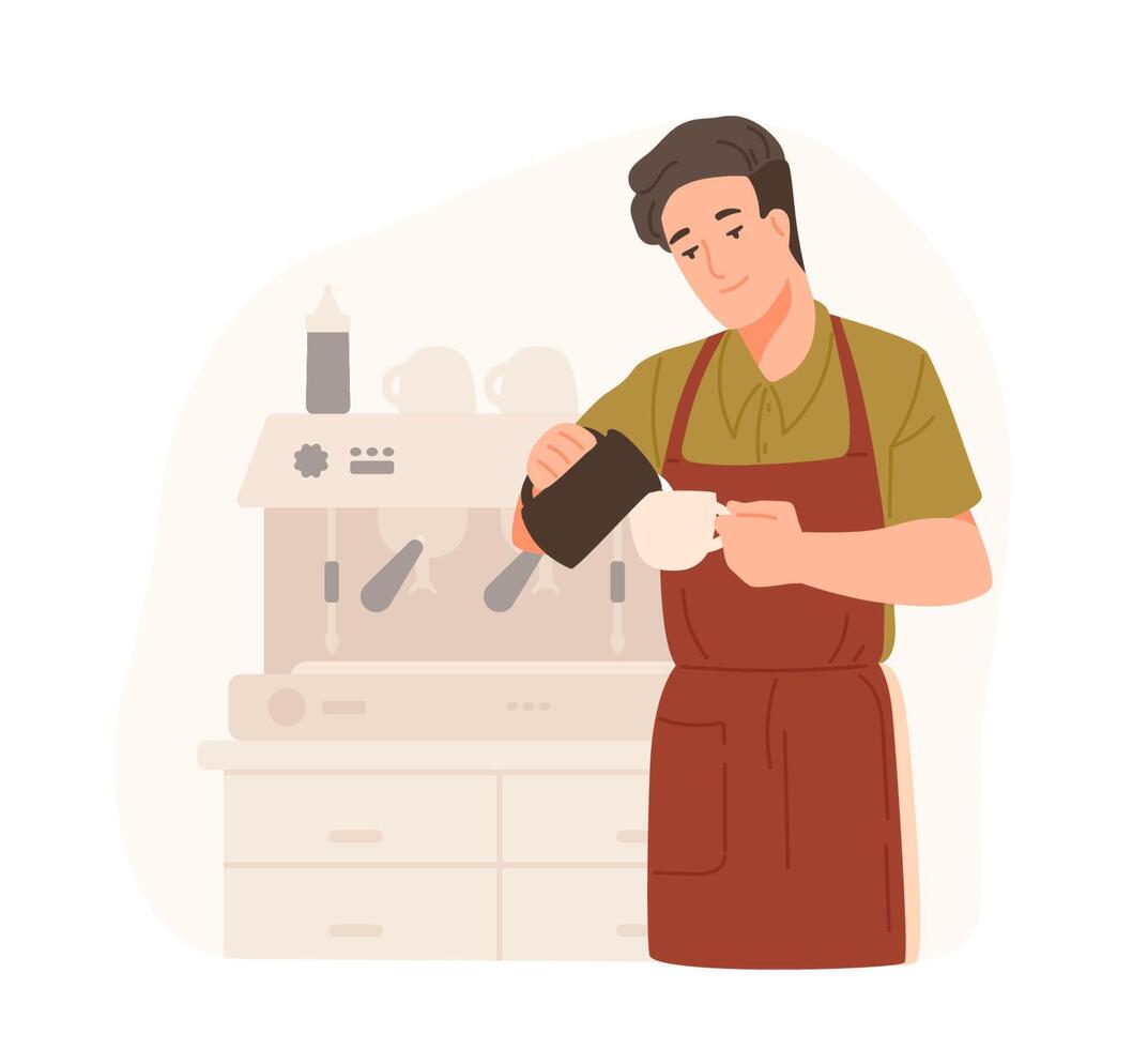 Cute barista making cappuccino at cafe or coffeeshop. Smiling young man in apron adds cream or milk in coffee. Male cartoon character preparing drink. Colorful illustration in flat style vector
