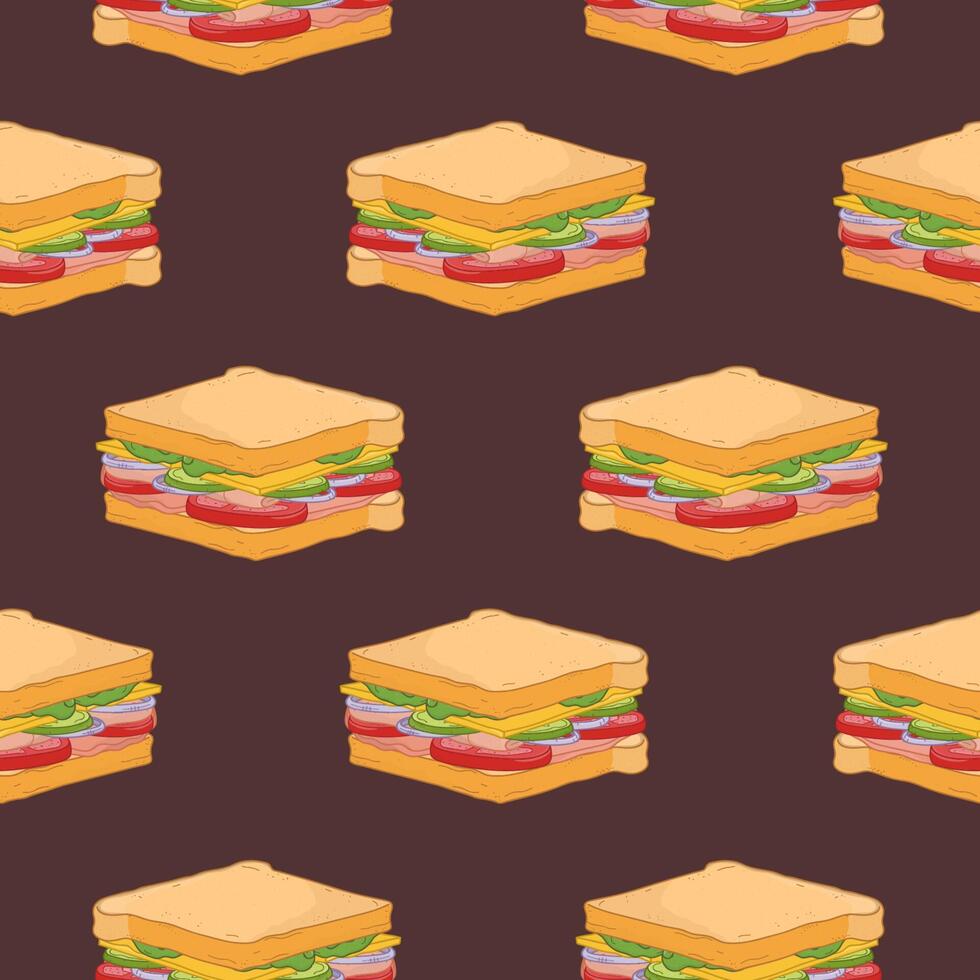 Seamless pattern with sandwiches on dark background. Hand drawn backdrop with appetizing fast food meal or delicious lunch snack. Colorful hand drawn realistic illustration for fabric print. vector