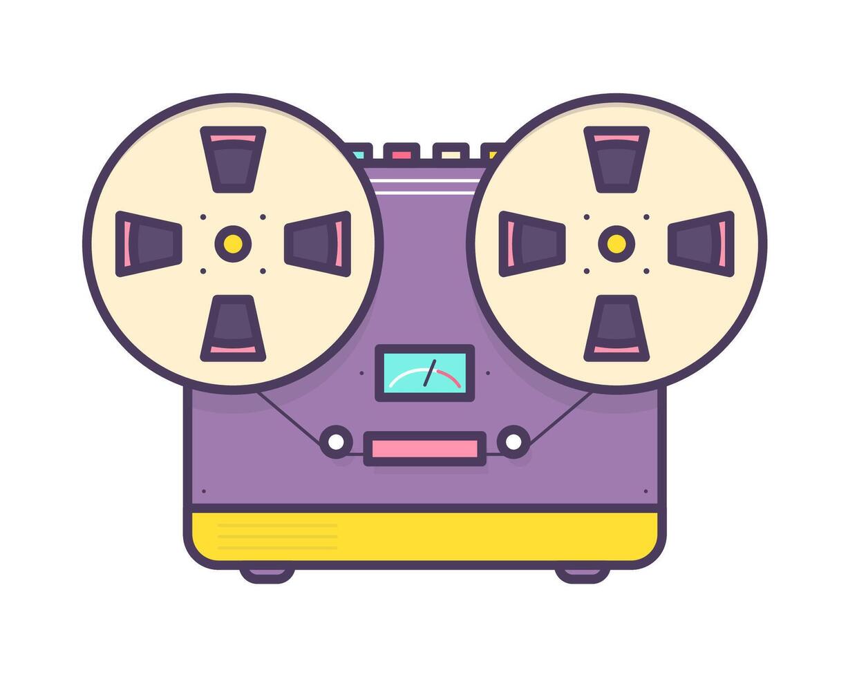 Analog music player, reel-to-reel audio tape recorder with buttons isolated on white background. Retro or old school stereo sound device. Colorful illustration in creative linear style vector