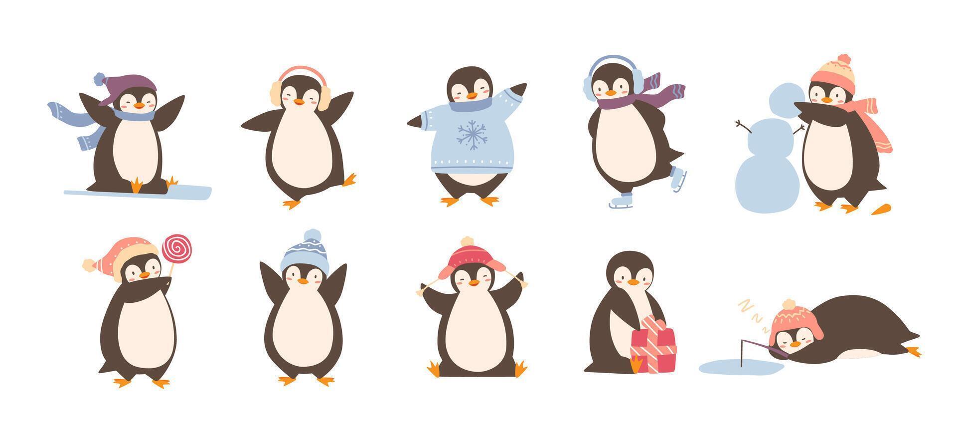 Bundle of adorable penguins wearing winter clothing and hats isolated on white background. Set of funny cartoon arctic animals in outerwear. Colorful childish illustration in flat style. vector
