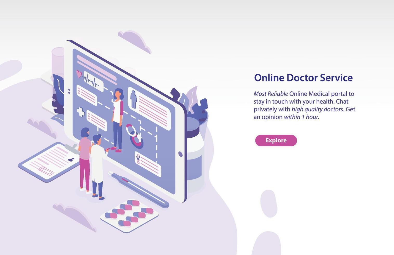 Horizontal web banner template with patient and physician standing in front of giant tablet PC and looking through personal health indicators. Online doctor service. Isometric illustration. vector