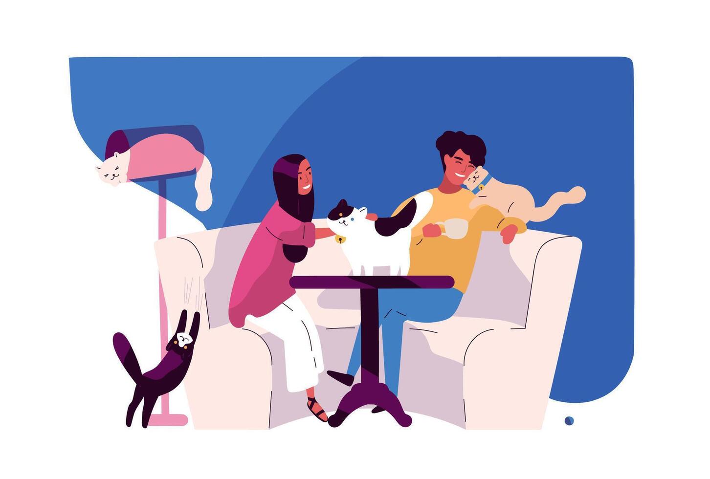 Happy young couple at cat cafe. Smiling man and woman sitting at table surrounded by cute adorable pet animals, watching them and fondling. Colorful illustration in flat cartoon style. vector