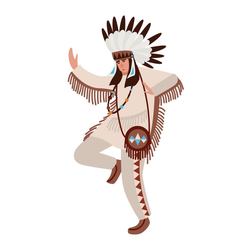 Dancing American Indian wearing ethnic costume and war bonnet. Man performing tribal dance of indigenous peoples of America. Male cartoon character isolated on white background. illustration. vector