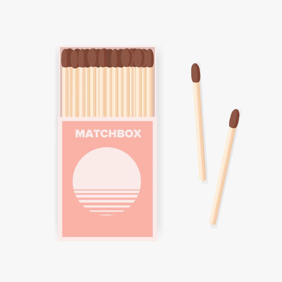 Matchbox of modern design and pair of wooden matches lying beside it isolated on white background. Household flammable tool for lighting fire in carton box. Colored illustration in flat style. vector
