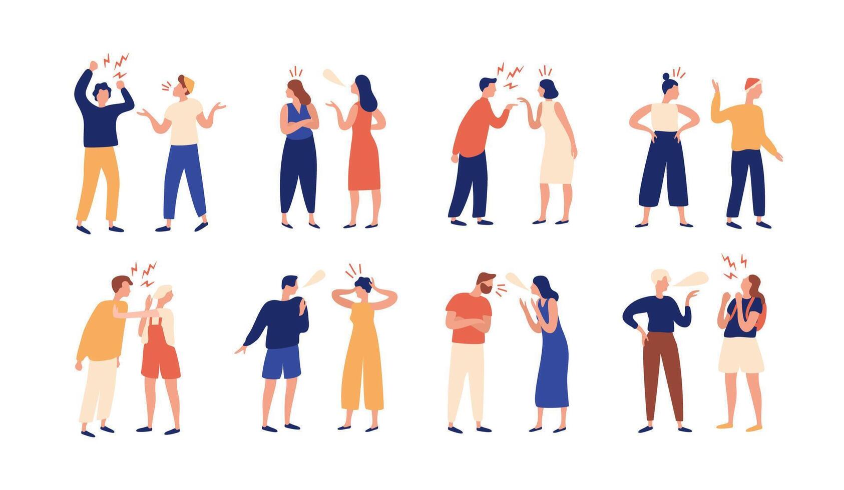 Collection of pairs of people during conflict or disagreement. Set of men and women quarreling, brawling, bickering, shouting at each other. Colorful illustration in flat cartoon style. vector