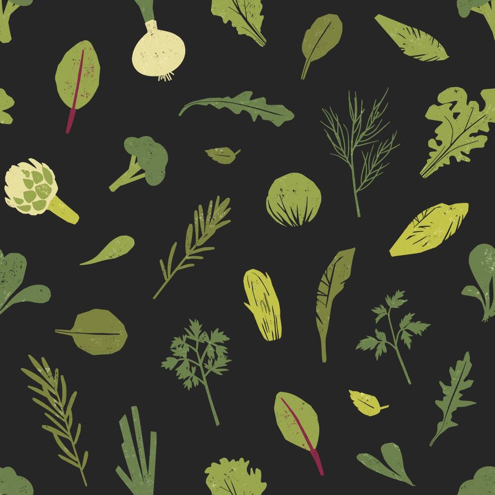 Seamless pattern with green plants, salad leaves and spice herbs on black background. Backdrop with wholesome vegan or vegetarian food. Colored illustration for fabric print, wrapping paper. vector
