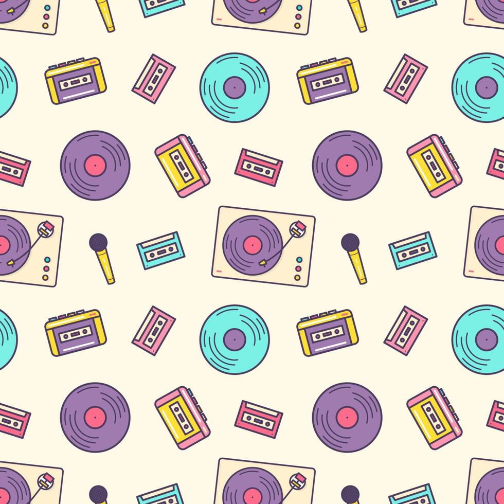 Creative seamless pattern with retro analog music player, cassette recorder, turntable, vinyl disc, microphone on light background. Colorful illustration for wrapping paper, textile print. vector