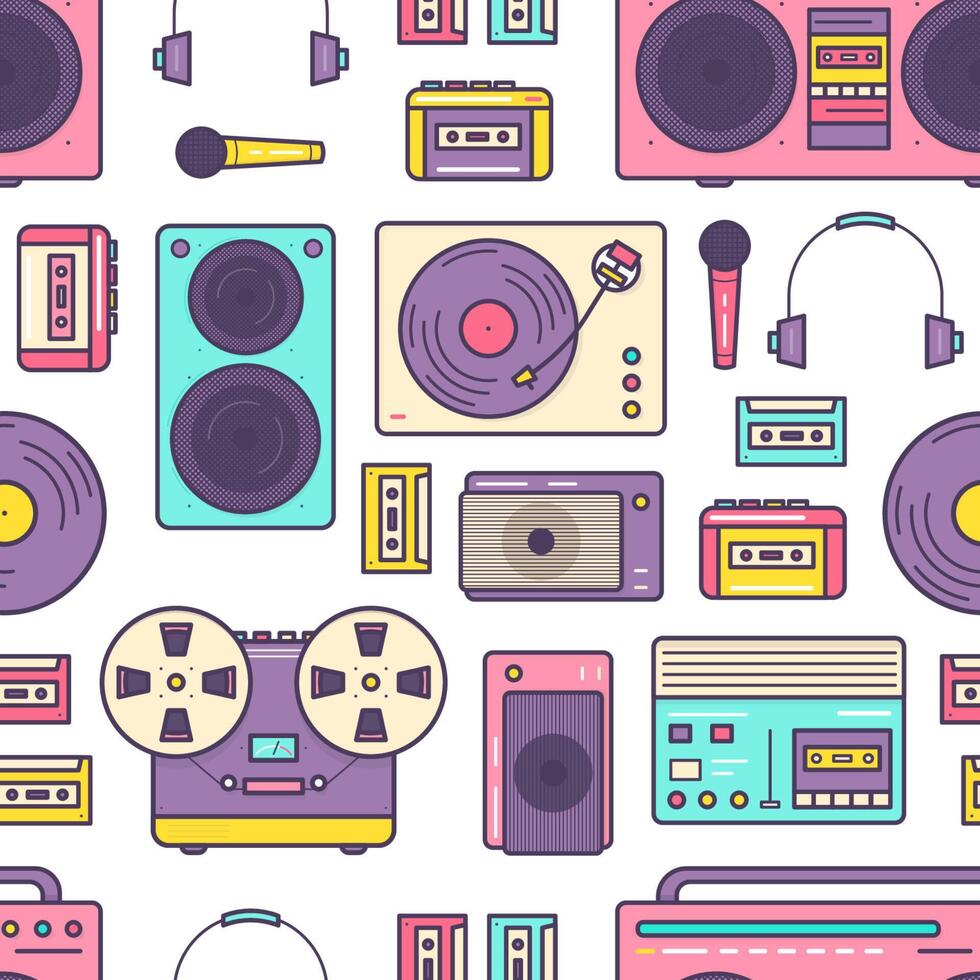 Seamless pattern with retro analog music player, reel-to-reel and cassette recorder, turntable, headphones, microphone, speaker on white background. Colored illustration for fabric print. vector