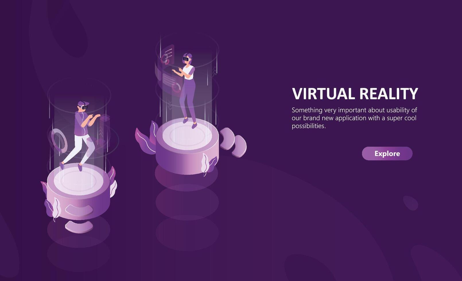 Horizontal web banner template with man and woman wearing virtual reality glasses. Male and female cartoon characters enjoying VR headset effects. Modern colorful isometric illustration. vector