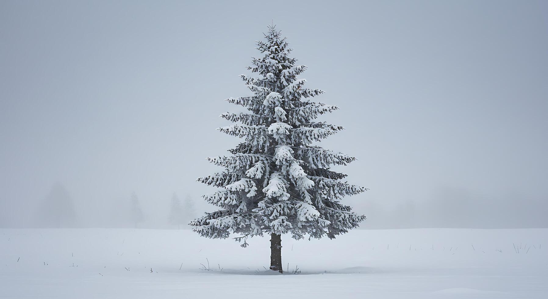 A lone tree in the snow on a foggy day photo