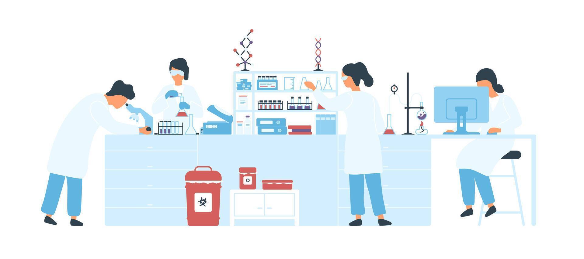 Group of scientists wearing white coats conducting experiments in science laboratory. Male and female researchers in chemical lab. Scientific research. Flat cartoon colorful illustration. vector
