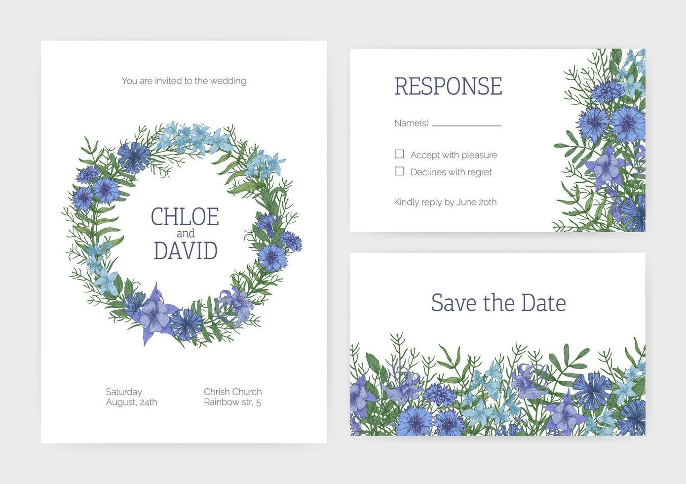 Bundle of romantic wedding invitation, Save The Date and response card templates decorated with blooming wild meadow flowers, flowering plants and herbs. Floral realistic illustration. vector