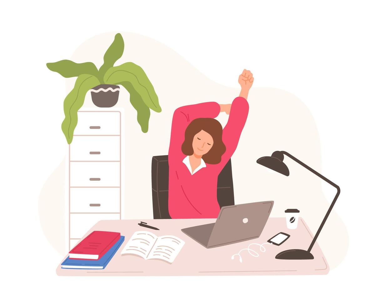 Smiling woman sitting at desk with laptop taking rest and stretching herself. Female office worker or clerk having short break during work at computer. illustration in flat cartoon style. vector