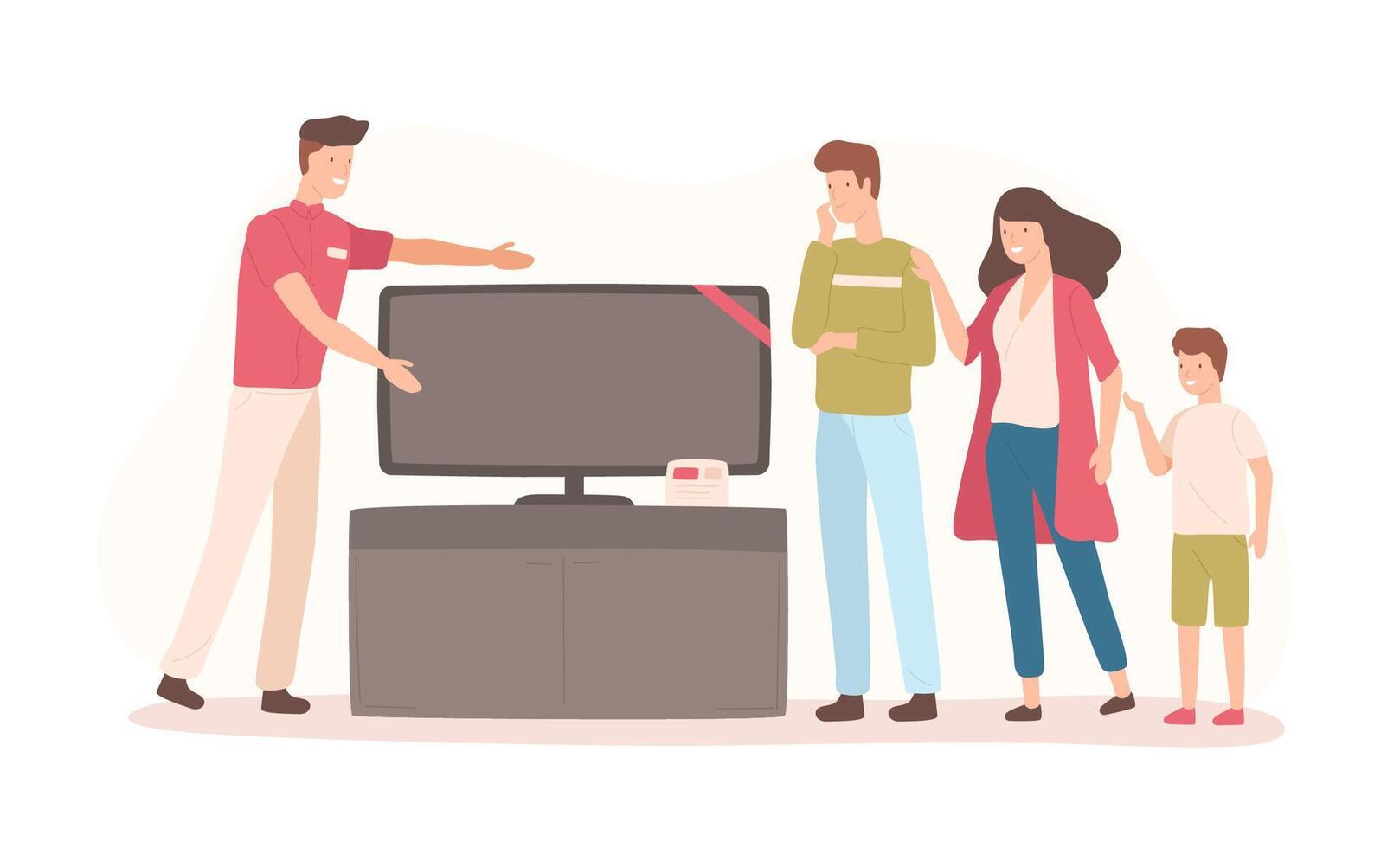Happy family buying flat screen TV. Smiling mother, father and son choosing television set at electronics shop or store and talking to seller. Colorful illustration in flat cartoon style. vector