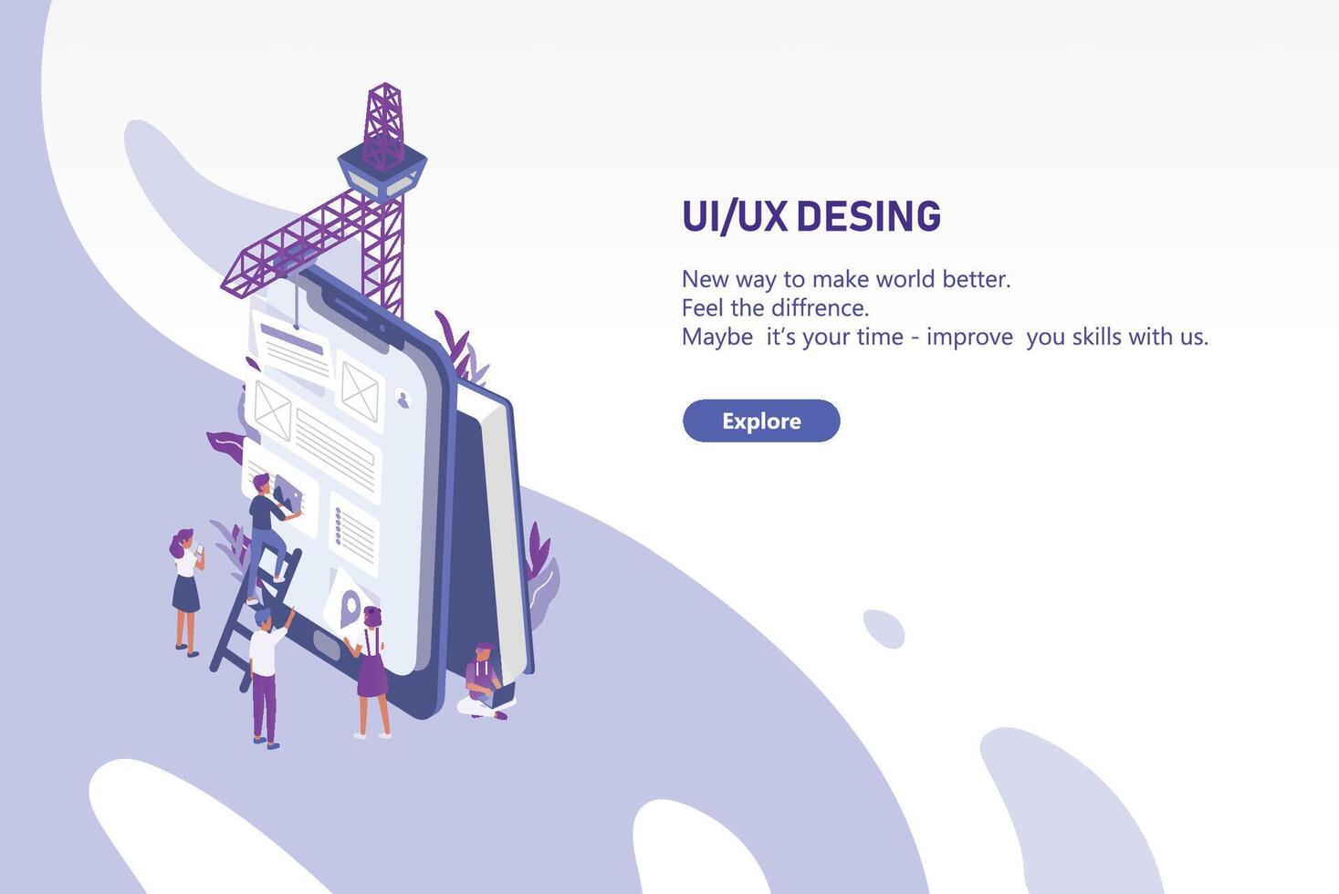 Horizontal web banner template with group of tiny people creating application design on giant tablet PC. User interface and experience engineering. Colorful modern isometric illustration. vector