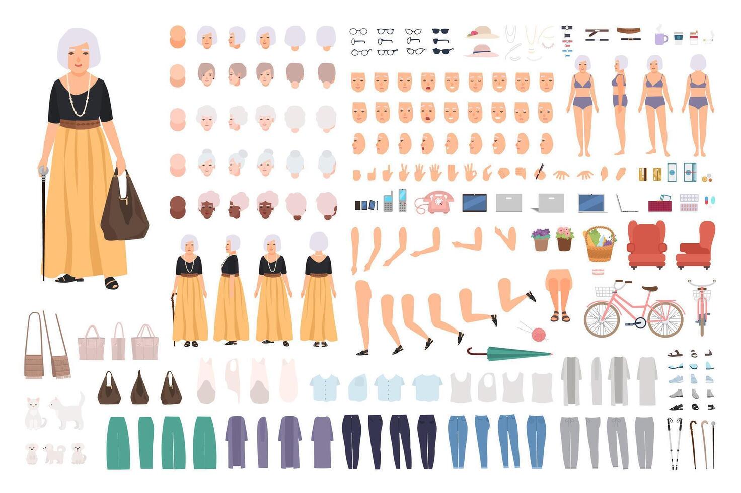 Modern old woman or granny creation set. Collection of elderly lady's body parts, hand gestures, trendy clothes isolated on white background. Front, side and back views. Cartoon illustration. vector