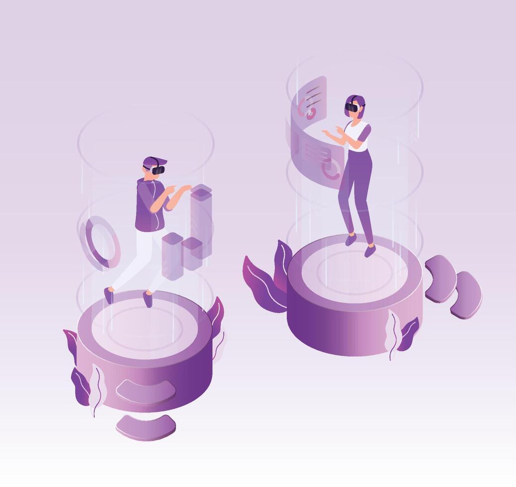 Male and female characters wearing virtual reality glasses and exploring world. Man and woman in VR headsets. Modern innovative technology and electronic device. Colored isometric illustration. vector