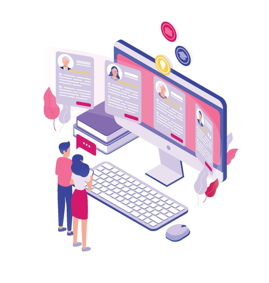 Pair of tiny people standing in front of giant computer screen and looking through job applications isolated on white background. Concept of personnel recruitment. Isometric illustration. vector