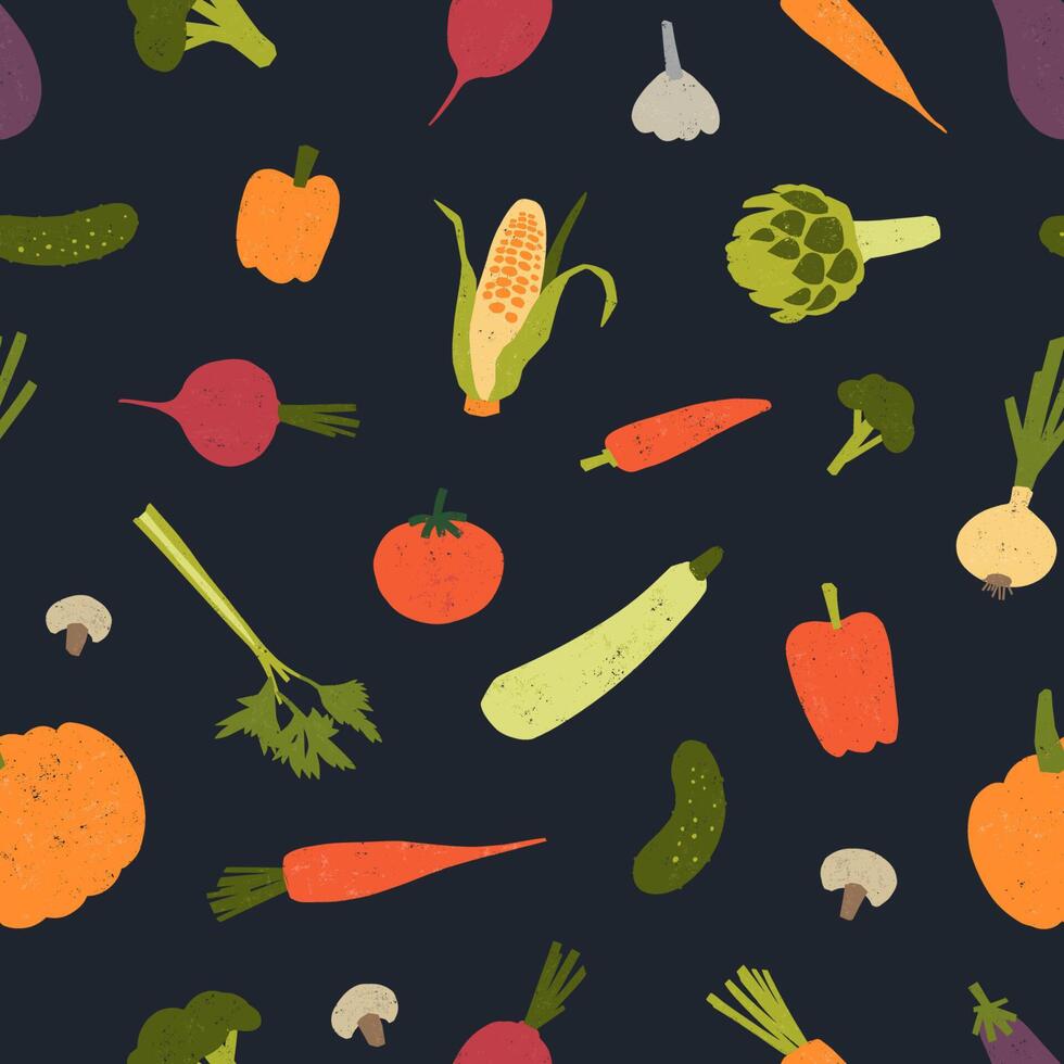 Trendy seamless pattern with delicious vegetables or harvested crops scattered on black background. Backdrop with wholesome vegan food products. illustration for fabric print, wrapping paper. vector