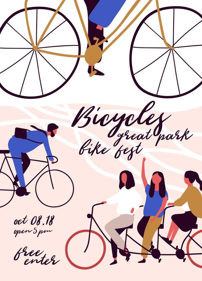 Poster, flyer or invitation template for bicycle parade, race or festival with men and women riding bikes. Colorful illustration in cartoon flat style for event announcement, advertisement. vector
