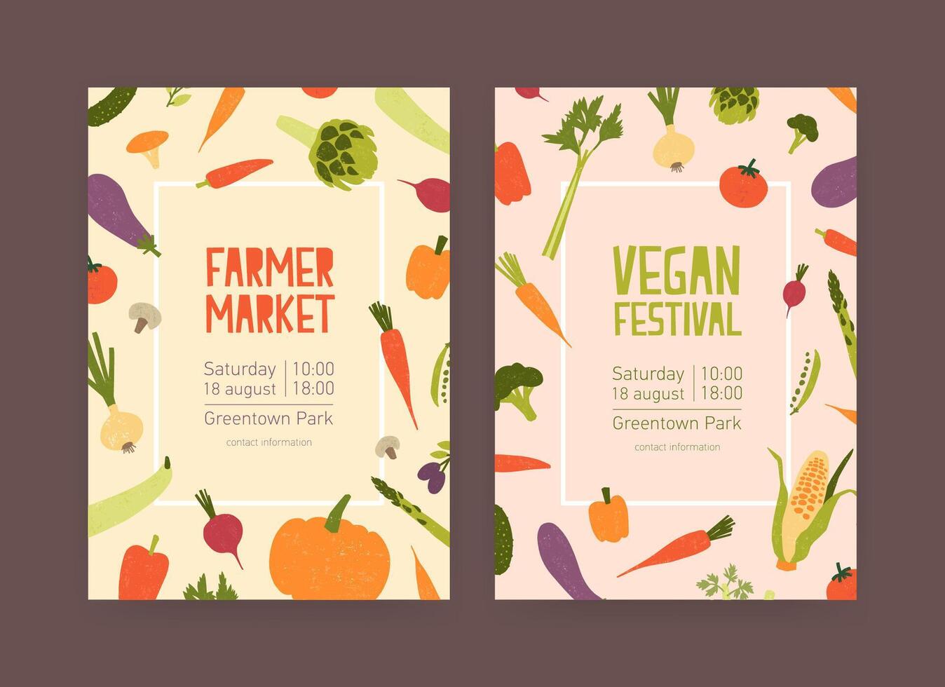 Set of flyer or invitation templates for farmer market and vegan food festival with frames made of fresh ripe vegetables and place for text. Colorful modern illustration for event announcement. vector