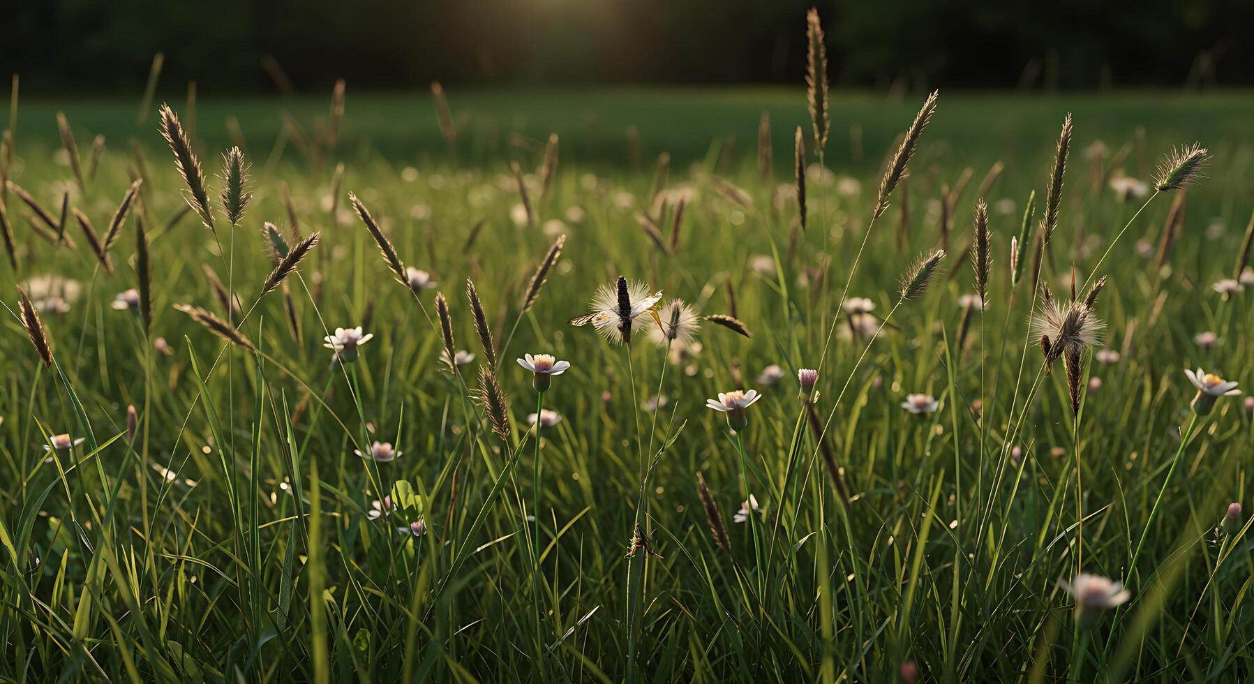 A field of grass with flowers and trees photo