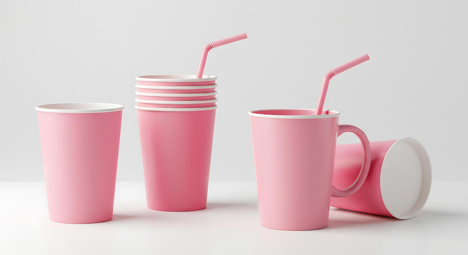 Pink cups with straws and lids on a white surface photo