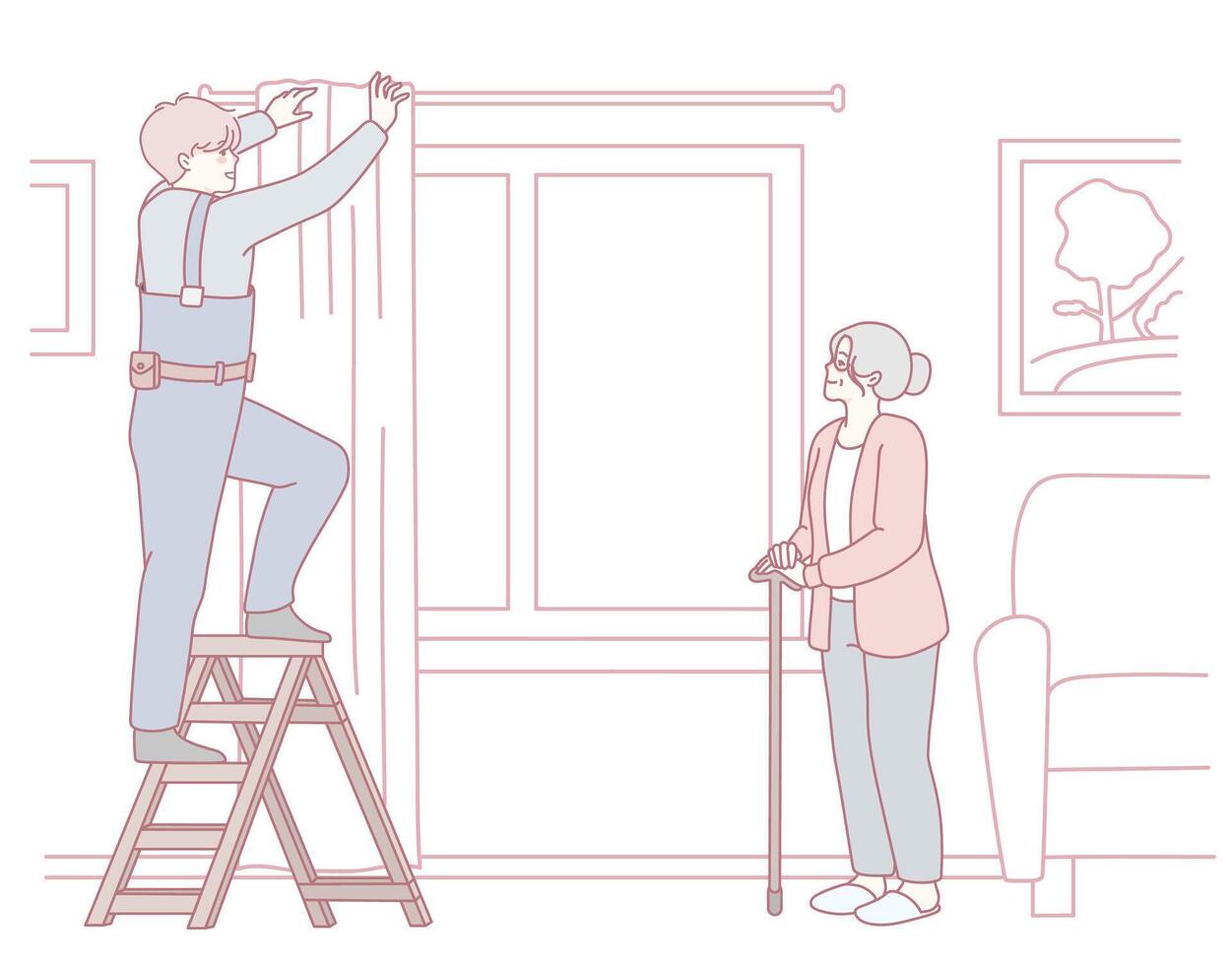 A person is installing beautiful curtains for a senior citizen, enhancing their cozy living room vector