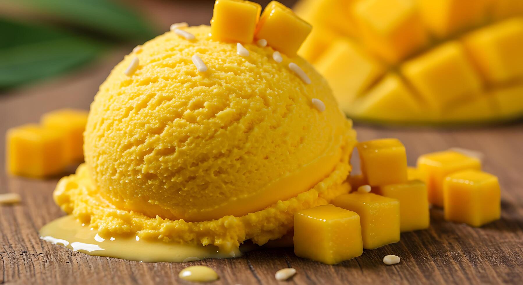 A scoop of ice cream with mango chunks photo