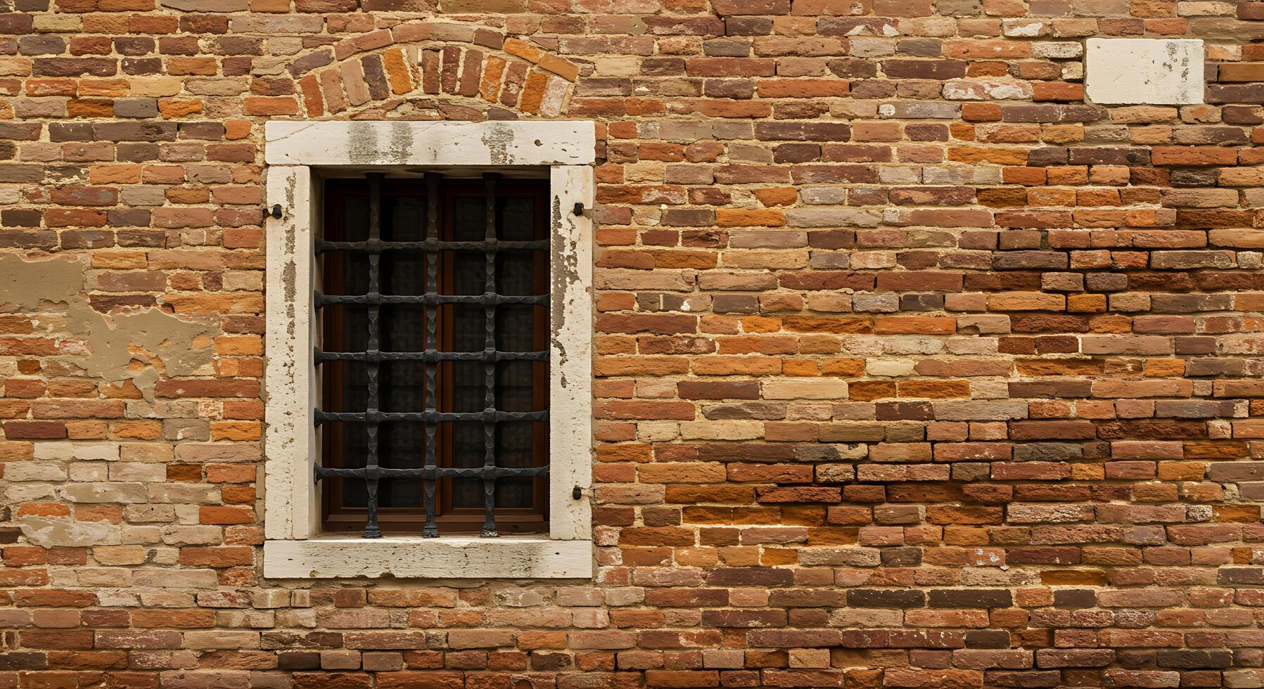 A brick wall with a window and bars photo