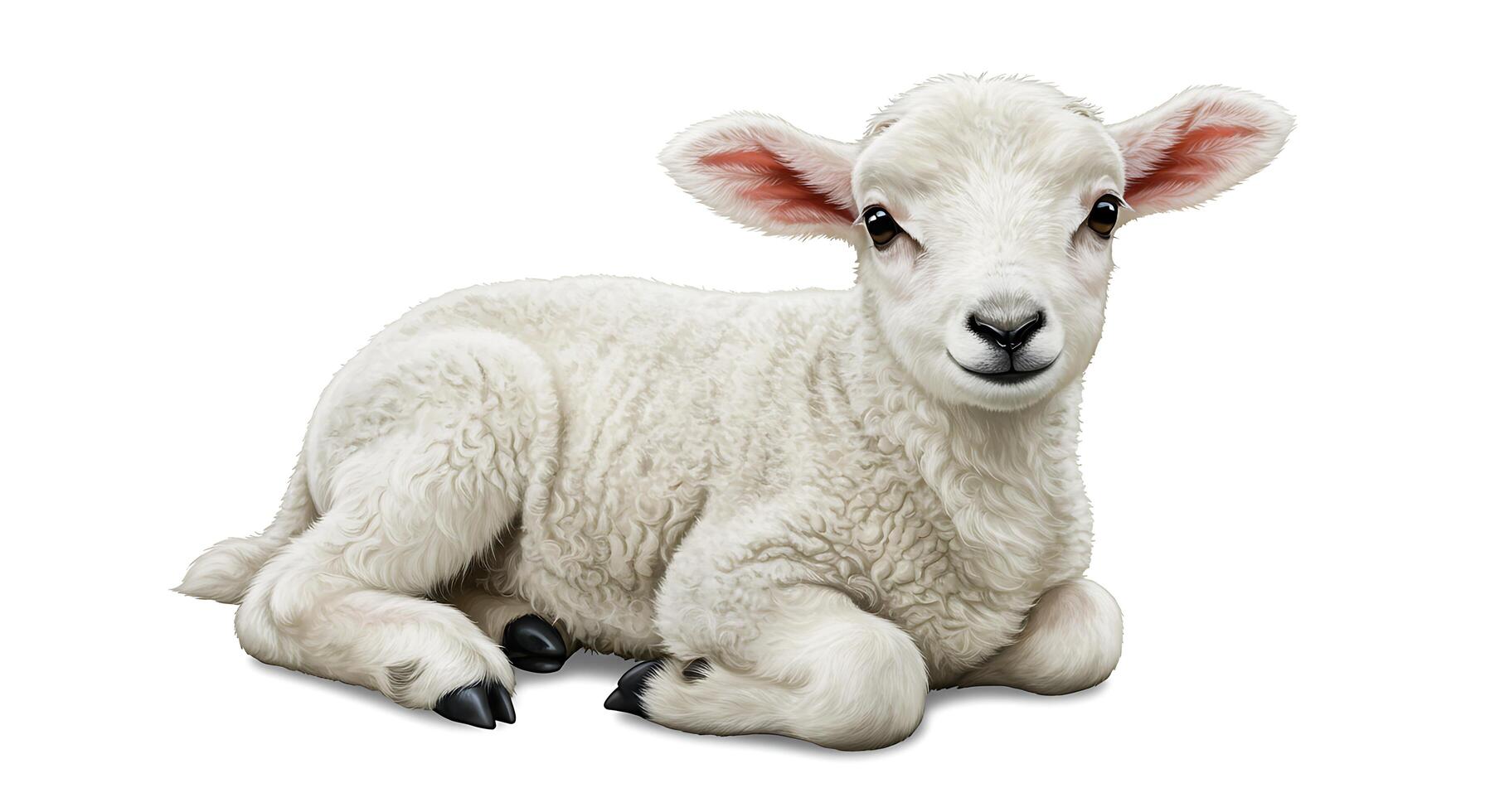 A baby lamb is sitting on the ground photo