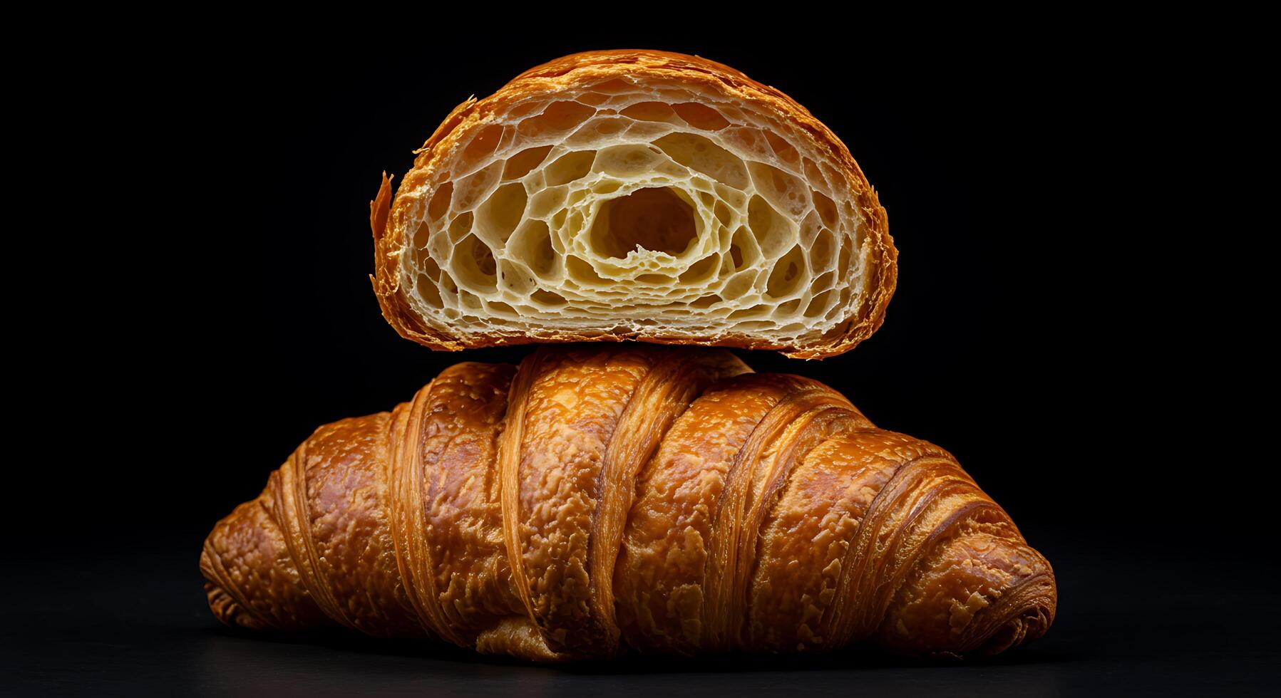 A croissant is cut in half and stacked on top of another photo