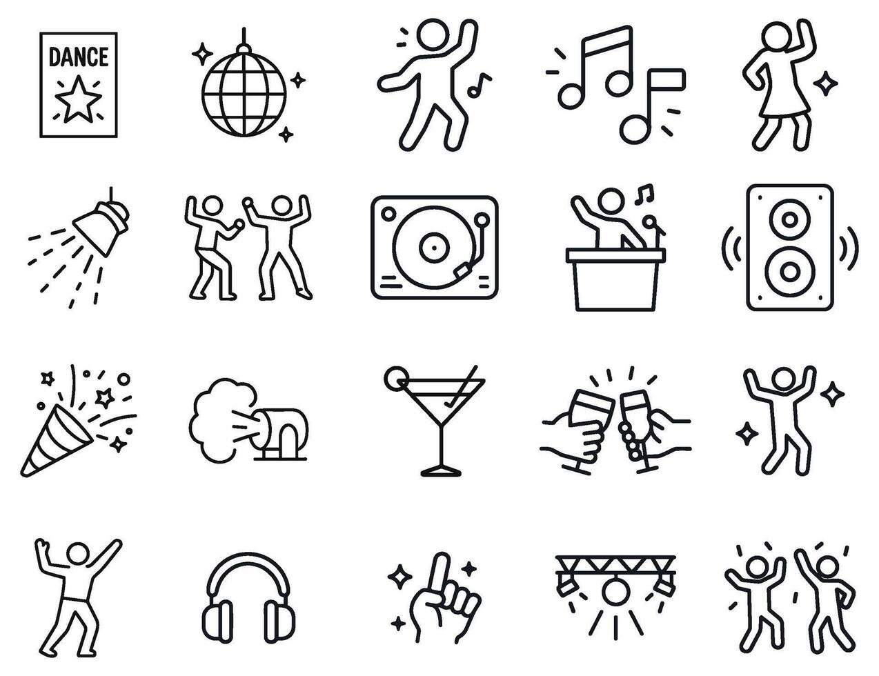 Energetic party icons set capturing celebrations with music, dance, and festive spirit, line art style vector