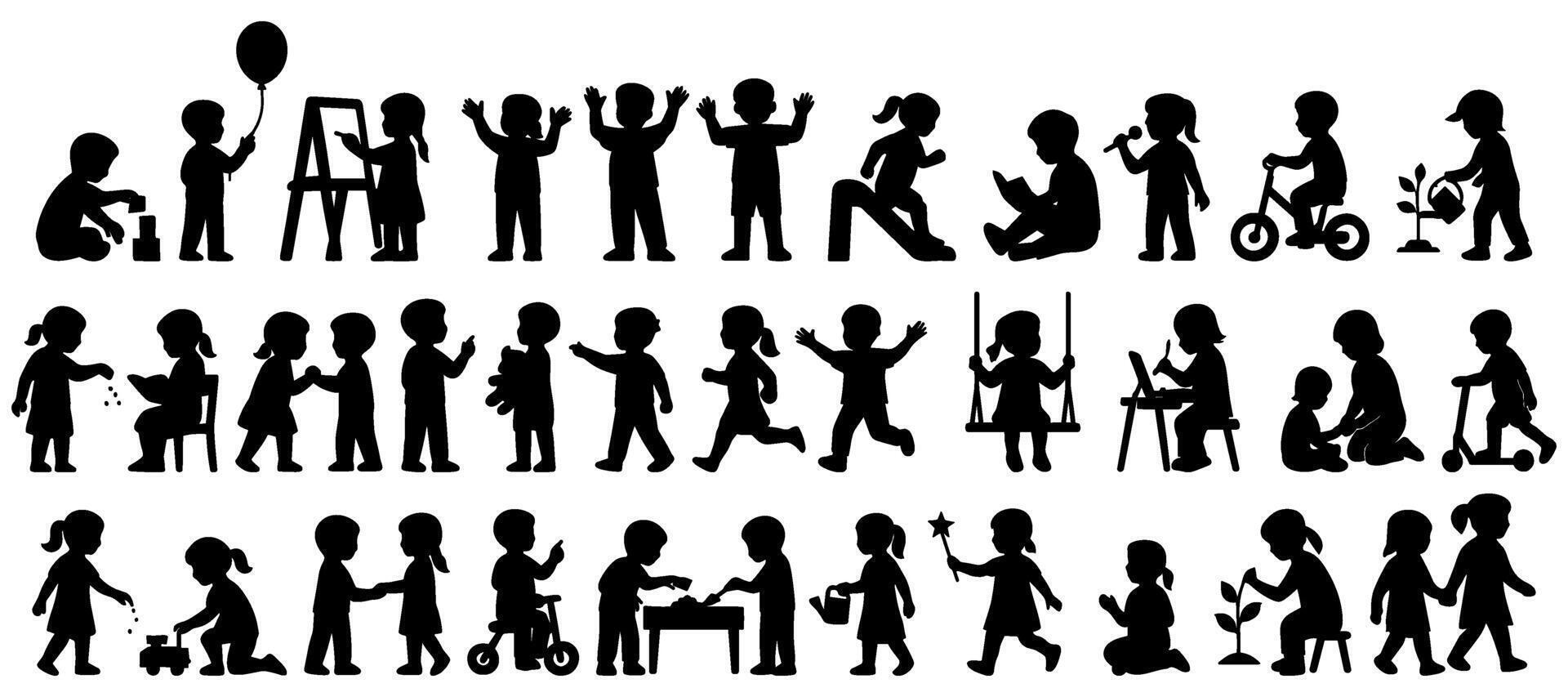 Captivating kids silhouettes engaged in playful learning together. Demonstrating childhood, energy, and creative development. vector