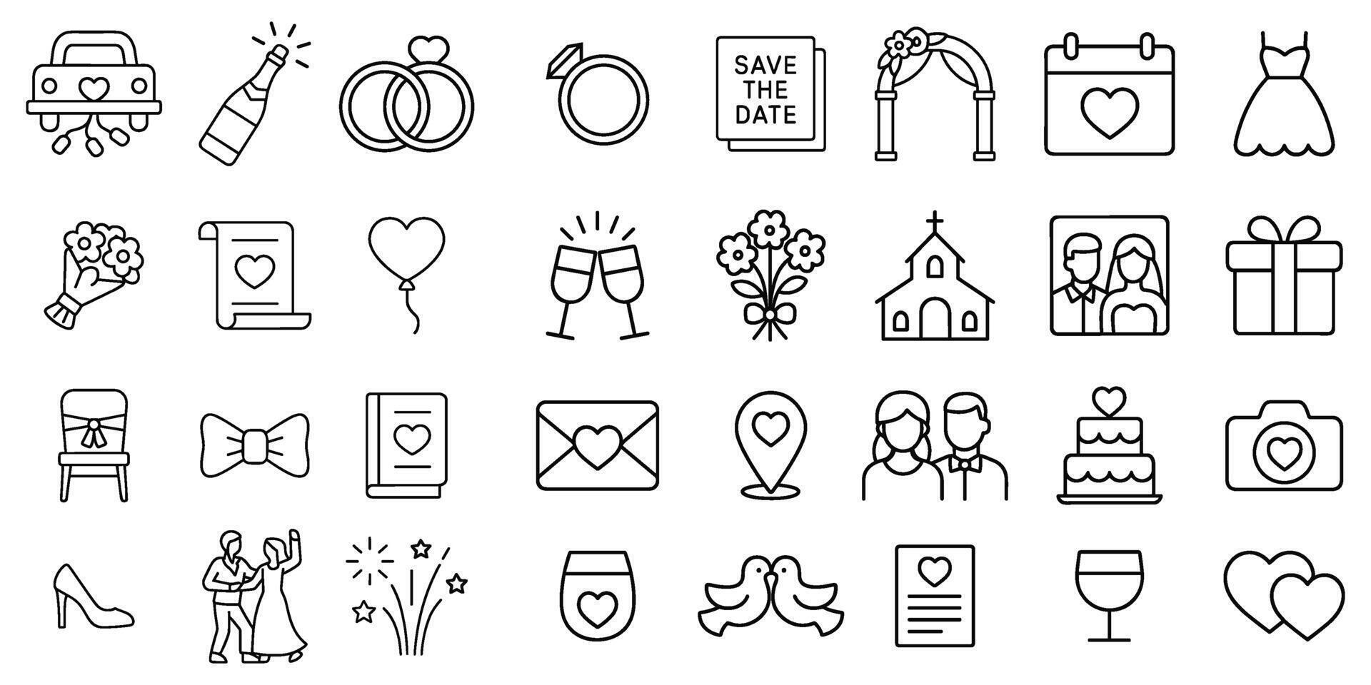 Delicate outline wedding elements celebrate romance and commitment, icons for couples getting married, a charming day vector